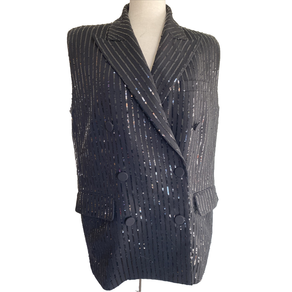 Michael Kors Pinstripe Sequined Crepe Sleeveless Blazer Black 10 (xRTR) RT $655 - Picture 2 of 14